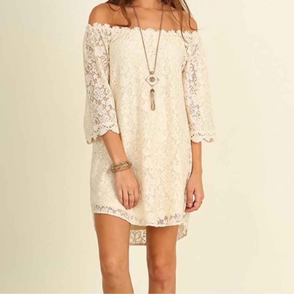 Umgee Ivory Crochet Lace Boho Off The Shoulder Dress